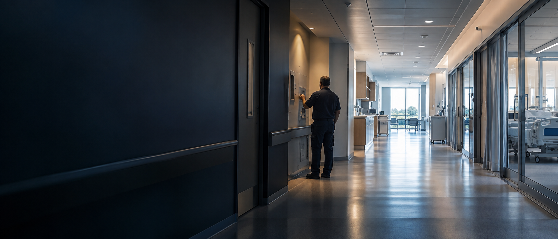 A facilities engineer in a contemporary hospital corridor, representing the clinical environment behind medical electrical systems.